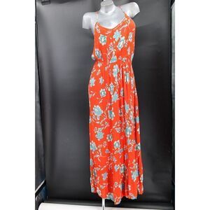 PATRONS OF PEACE RED & BLUE FLORAL MAXI SUN DRESS SIZE LARGE RAYON